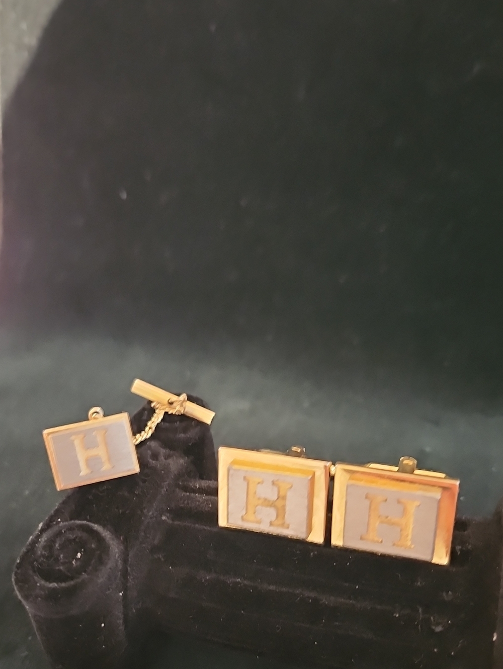 Vintage Dante Gold Tone "H" Cufflinks & Tie Tack Set